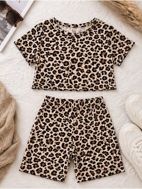 Le Lis Leopard Print Bike Shorts Set - Black, Brown, Cream
